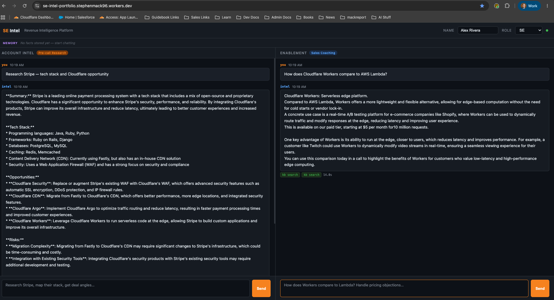 SE Intel dual-panel chat UI showing Account Intel and Enablement agents with streaming responses and tool badges